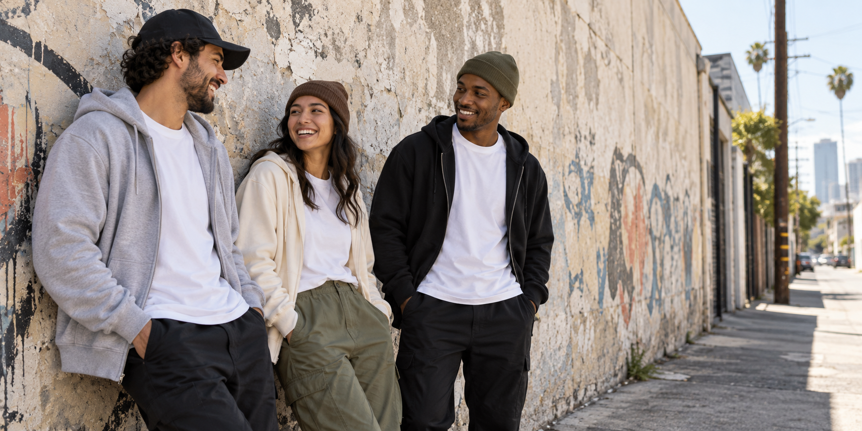 Preview image of people in blank caps and apparel; finished product photography coming soon